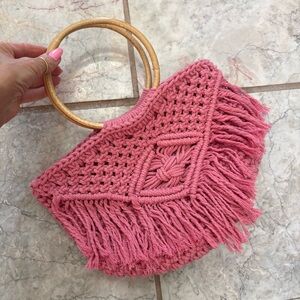 Pink Macrame Handbag With Fringe